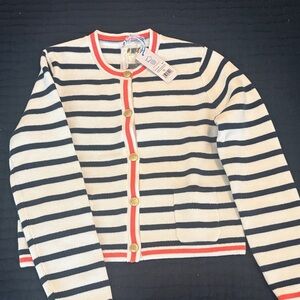 Southern Tide Navy and White Striped Cardigan with Gold Button